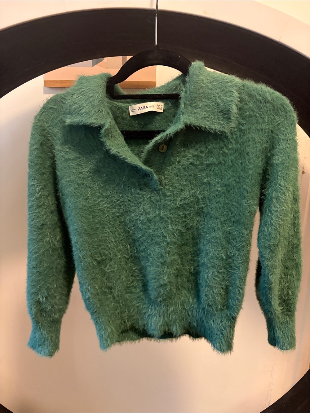 ZARA Emerald Green Fuzzy Polo Collar Sweater